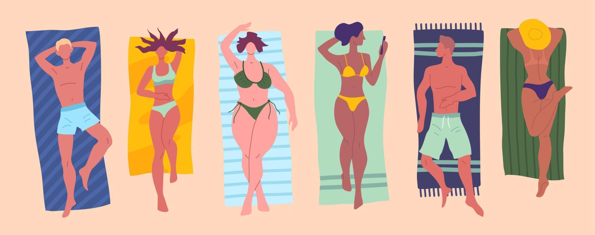 desenho animado cor personagens pessoas e banhos de sol em a de praia conceito. vetor