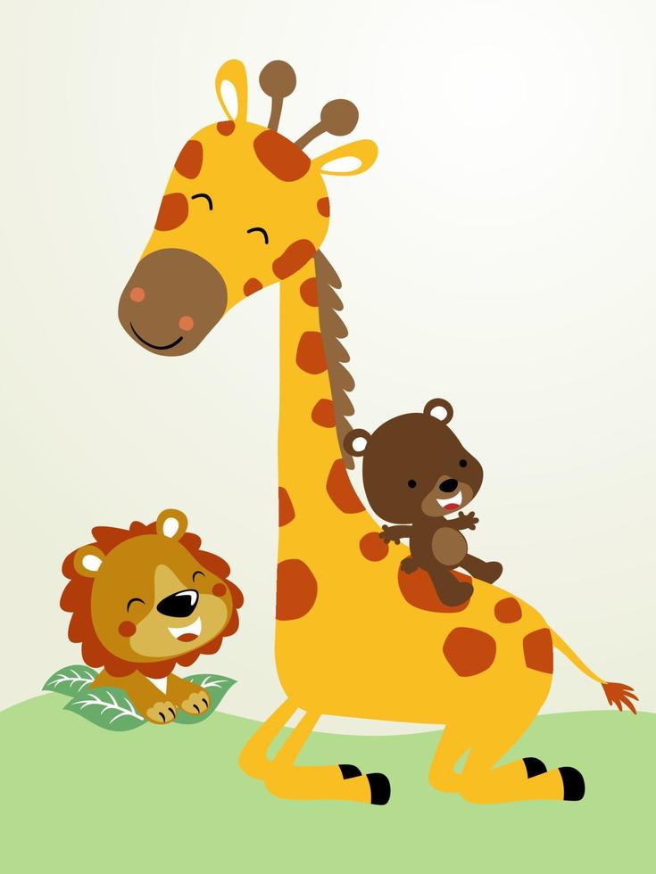 vetor desenho animado do pequeno Urso deslizante em girafas pescoço, leão se escondendo dentro folha