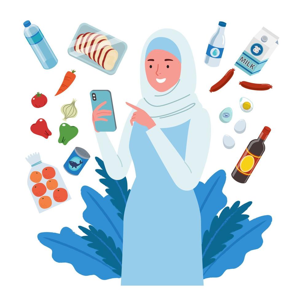 uma sorridente mulher vestindo hijab, mercearias conectados compras. ela compra fruta, carne, vegetal, leite etc, através dela celular. vetor