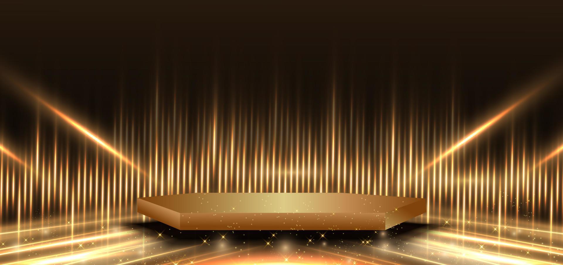 diagonal de ouro elegante abstrata brilhando com brilho de efeito de iluminação de pódio de pedestal 3d hexágono em fundo preto. vetor
