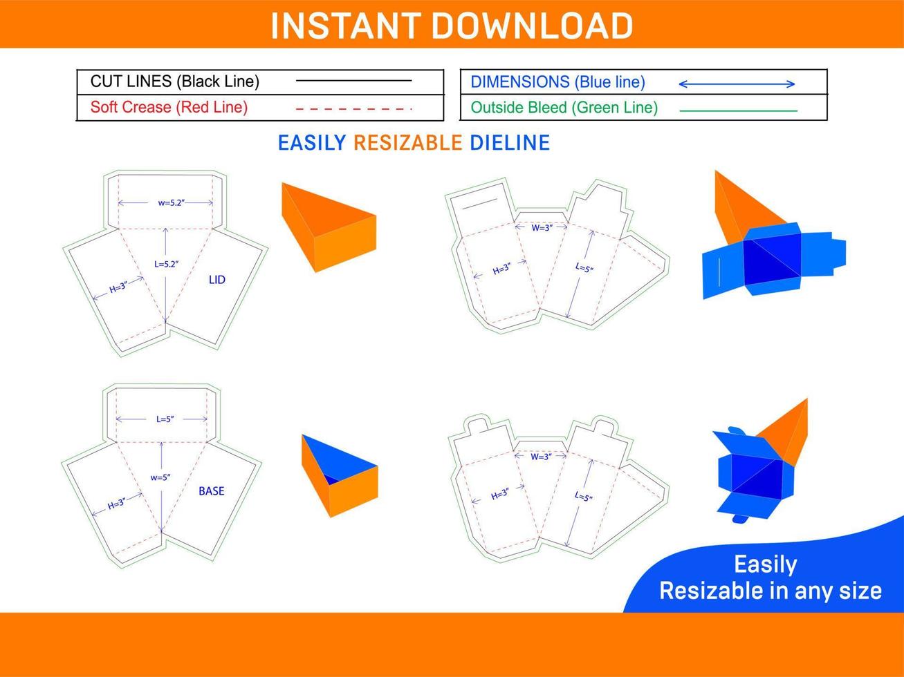 triângulo fatia bolo caixas, sanduíche ou pizza caixa conjunto dieline modelo caixa dieline e 3d caixa vetor