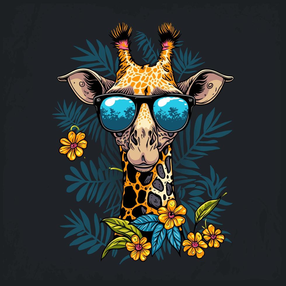 funky girafa vestindo oculos de sol, com floral e folha enfeite fundo vetor