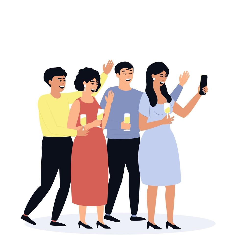 amigos tiram uma selfie na festa. amigos estão segurando taças de champanhe. vetor