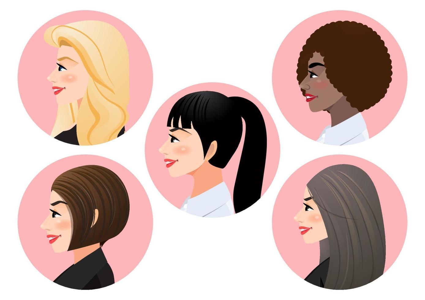 conjunto de rostos de mulheres de negócios em perfil para personagem de vista lateral de pose, diversidade. avatares. ilustração em vetor plana
