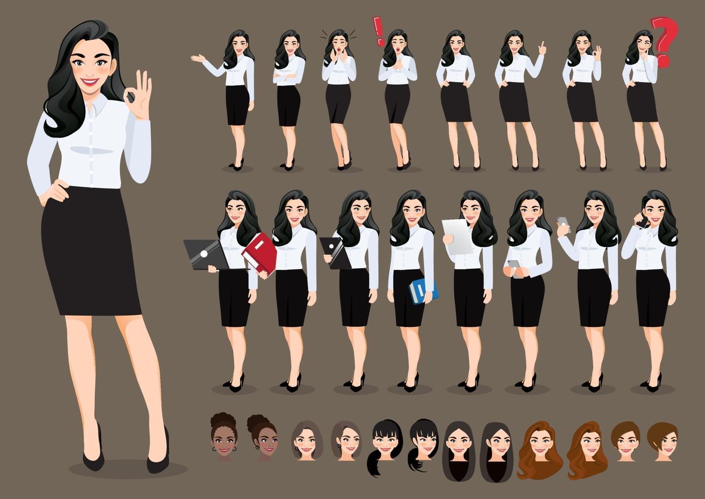 conjunto de personagens de desenhos animados de mulher de negócios. linda mulher de negócios em camisa branca de estilo de escritório. ilustração vetorial. vetor