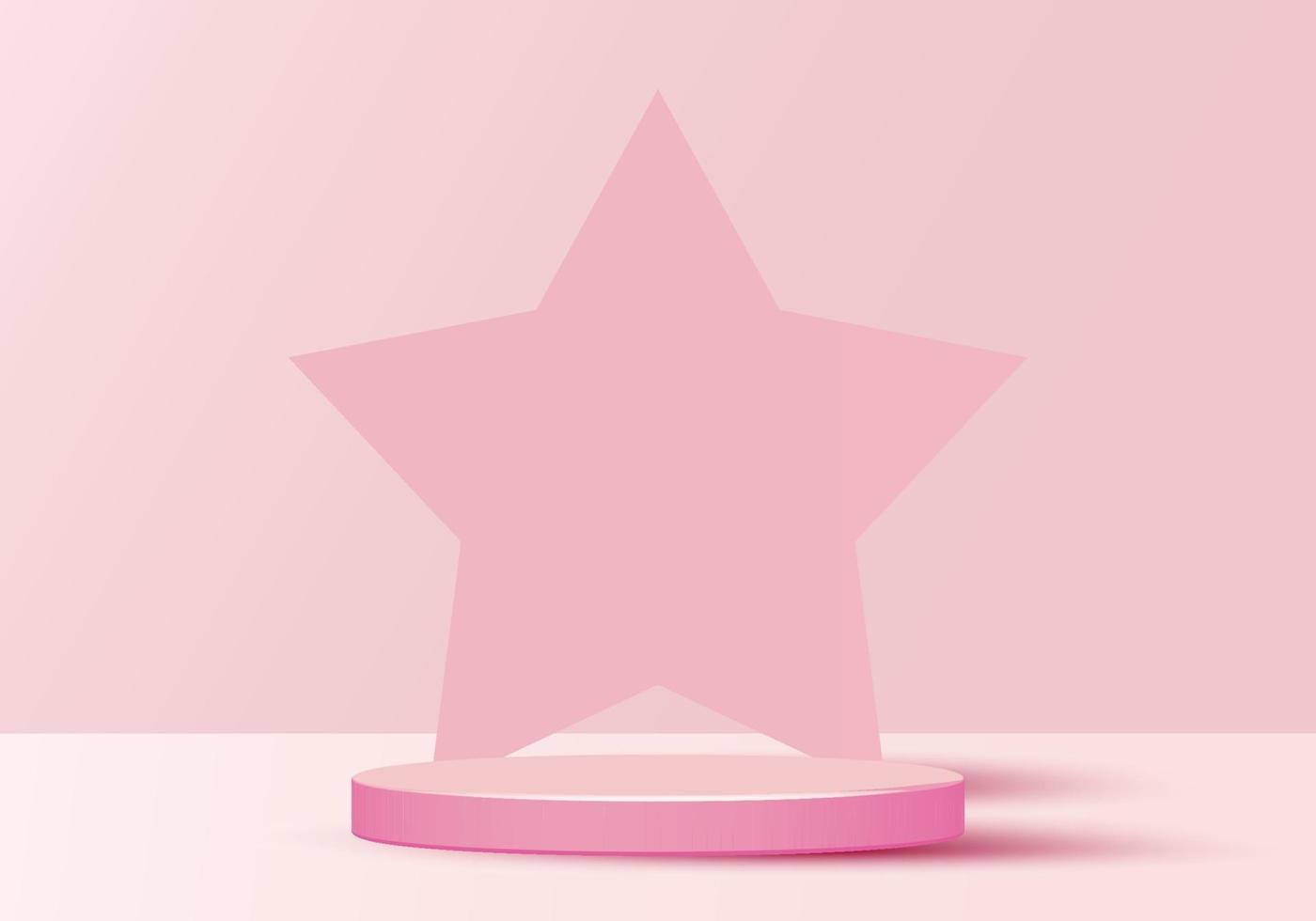 Pódio do cilindro de cena mínima 3D em fundo rosa suave com fundo em forma de estrela vetor