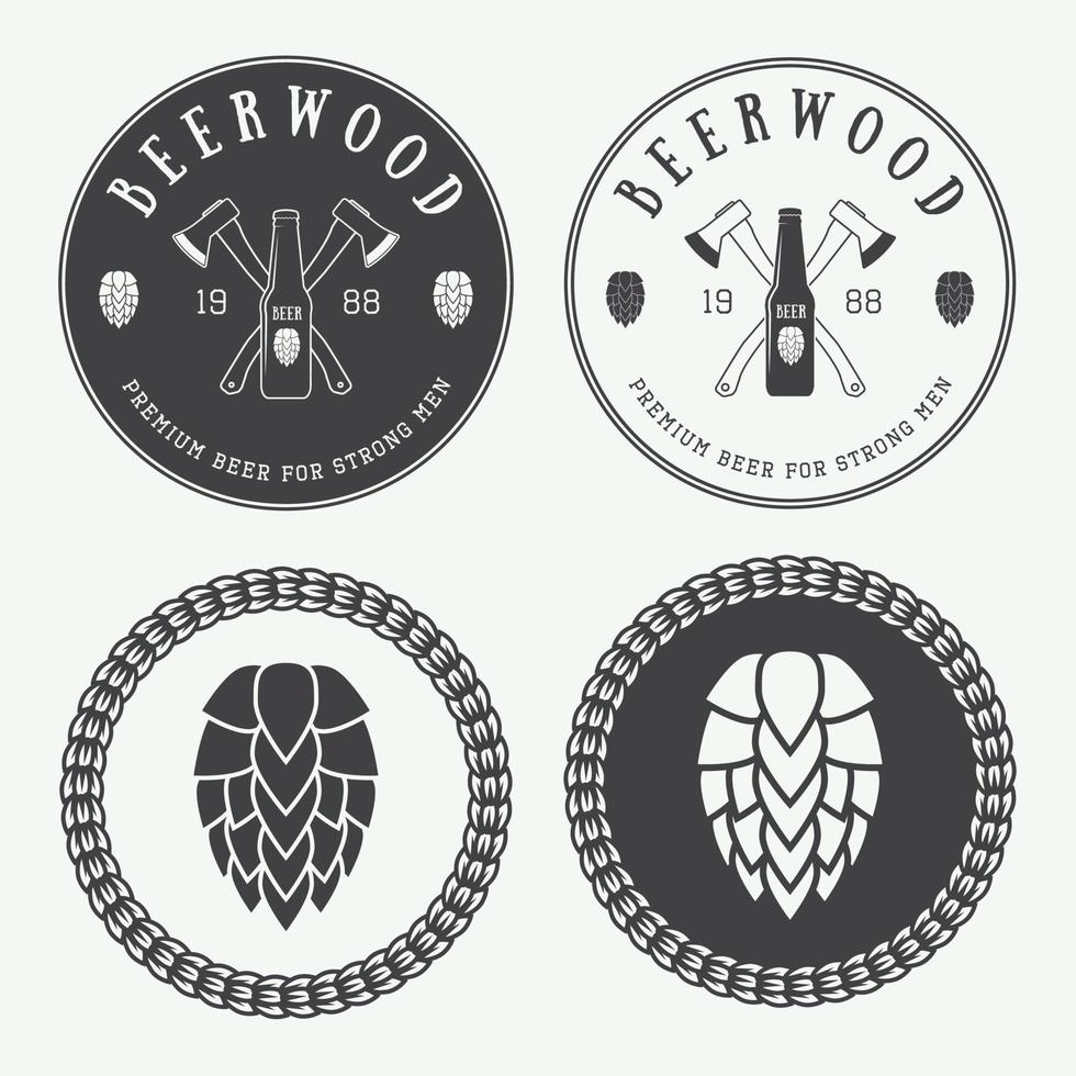 conjunto do vintage Cerveja e bar logotipos, etiquetas e emblemas com garrafas, lúpulo, e trigo vetor