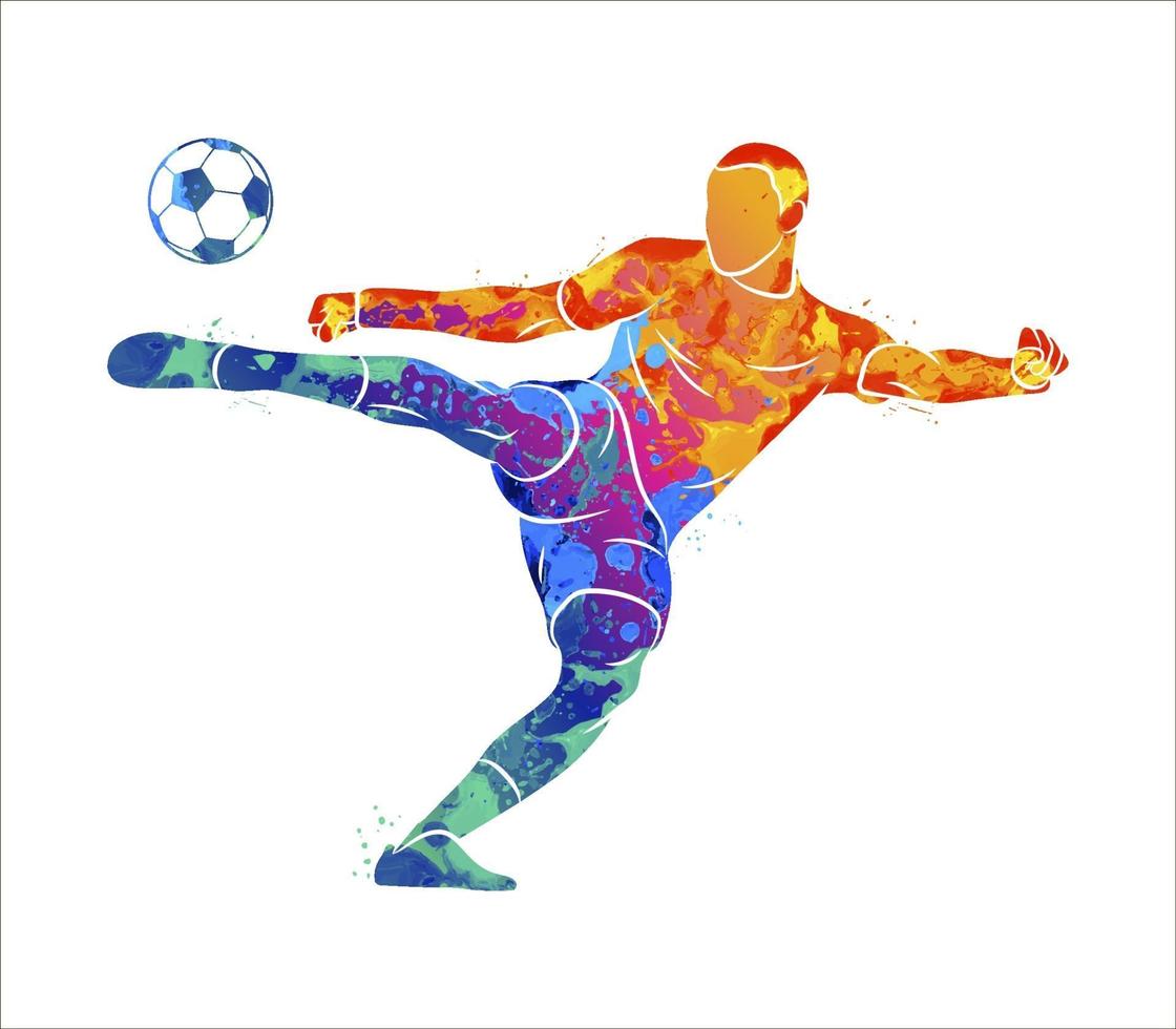 jogador de futebol profissional abstrato atirando rapidamente uma bola de respingos de aquarelas. ilustração vetorial de tintas vetor