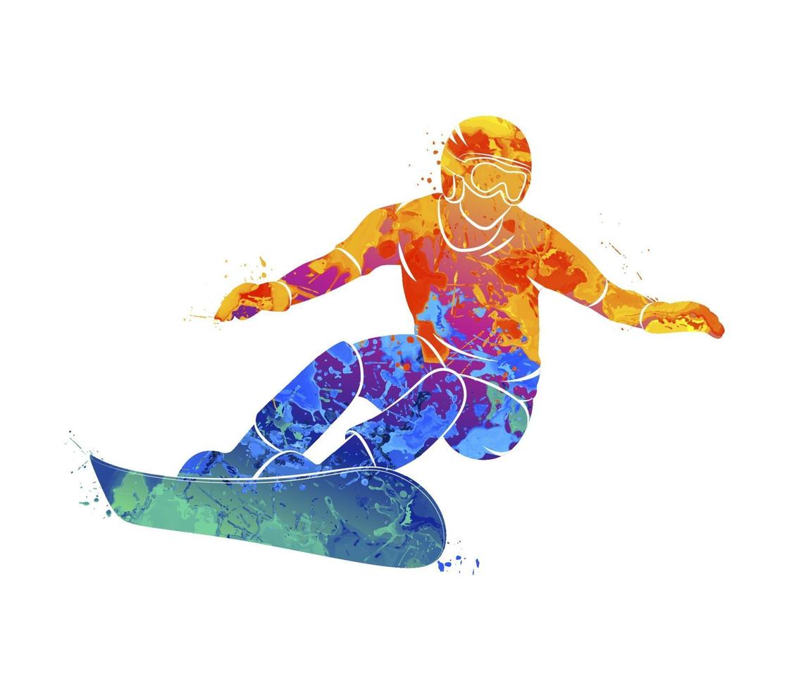 snowboarder abstrato de respingos de aquarelas. ilustração vetorial de tintas vetor