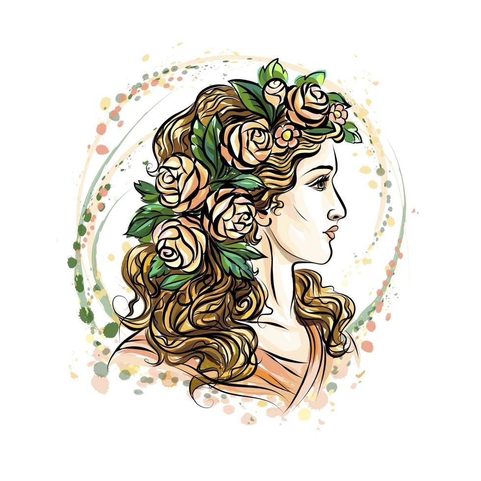 mão desenhada o rosto de uma linda mulher em uma grinalda de flores. linda garota com cabelo comprido. esboço. ilustração vetorial vetor