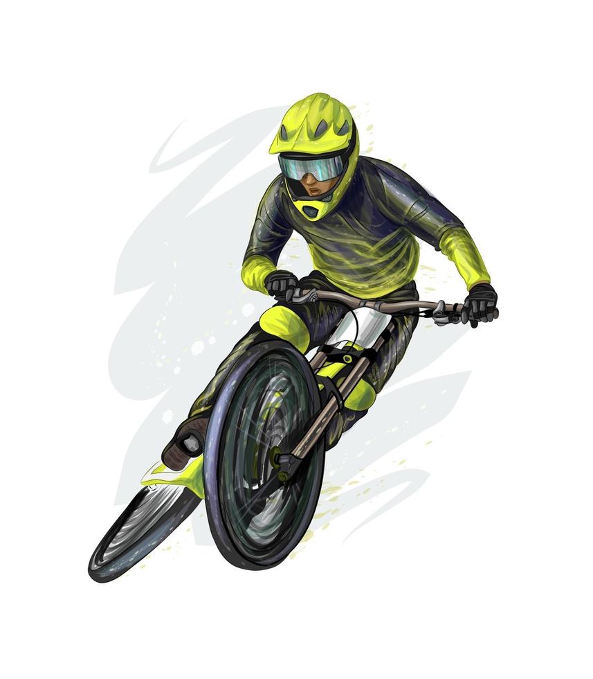 ciclista em uma mountain bike. ilustração realística do vetor de tintas