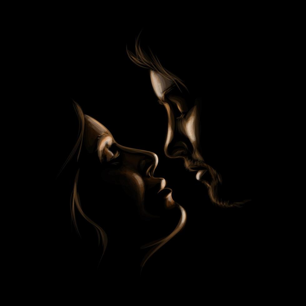 linda mulher e homem beijando. casal romântico apaixonado. silhuetas douradas sobre um fundo preto. ilustração vetorial vetor