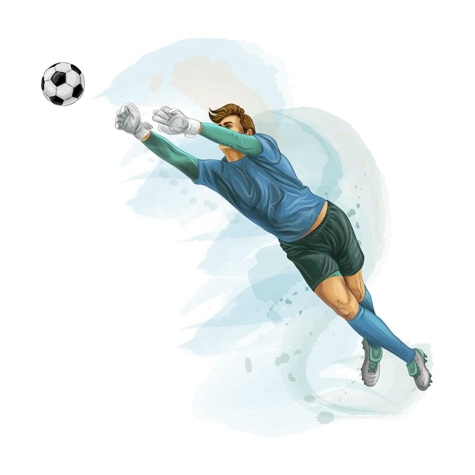 o goleiro de futebol pula para a bola. respingos de aquarelas. ilustração realística do vetor de tintas