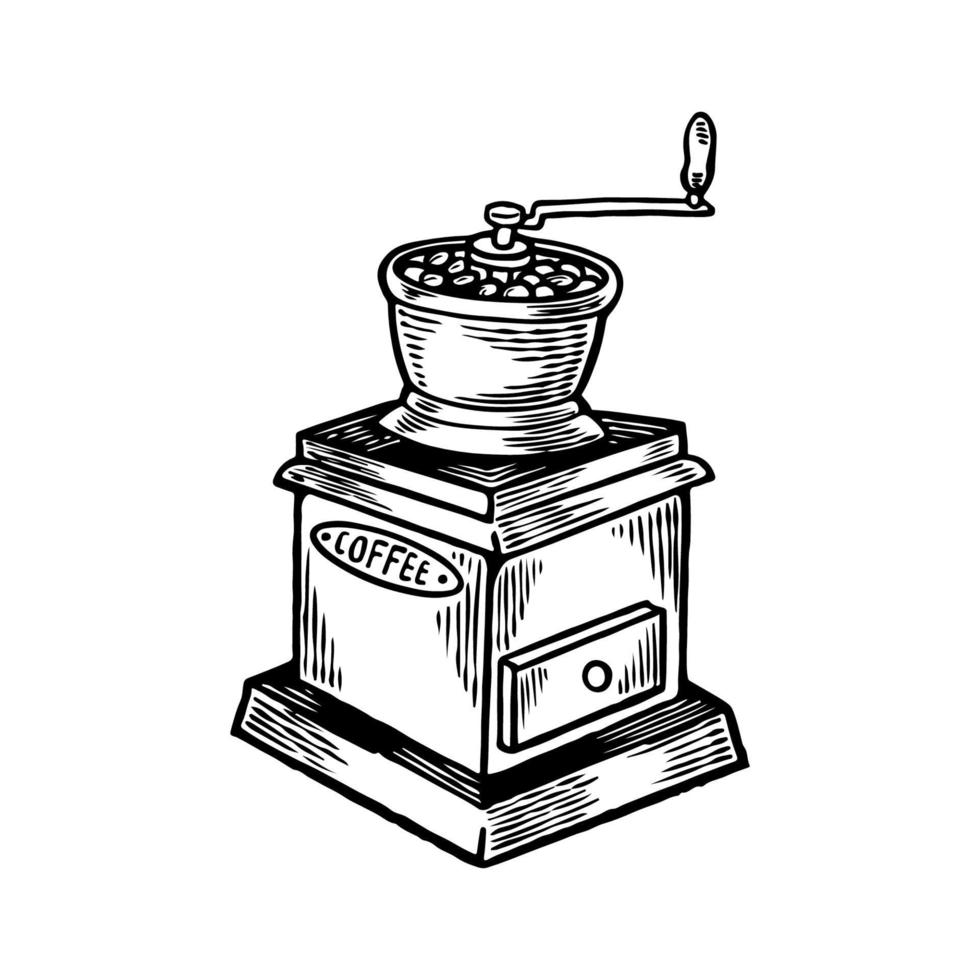 mão desenhada moedor de café no logotipo de loja de bebidas de design vintage. Moedor de carne manual clássico. ilustração vetorial de gravura para menu, pôster, etiqueta isolada no fundo branco vetor