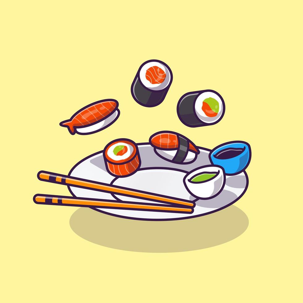 Sushi com pauzinho e shoyu em prato desenho animado vetor ícone ilustração. japonês Comida ícone conceito isolado Prêmio vetor. plano desenho animado estilo