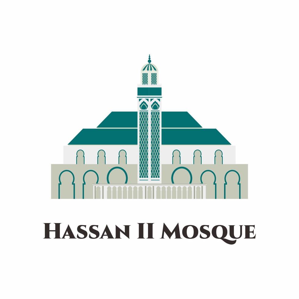 Mesquita de hassan ii em ícone plana de vetor de Marrocos. é a segunda maior mesquita em funcionamento da África e a 7ª maior do mundo. recomendado para visita de turista en casablanca, marrocos.