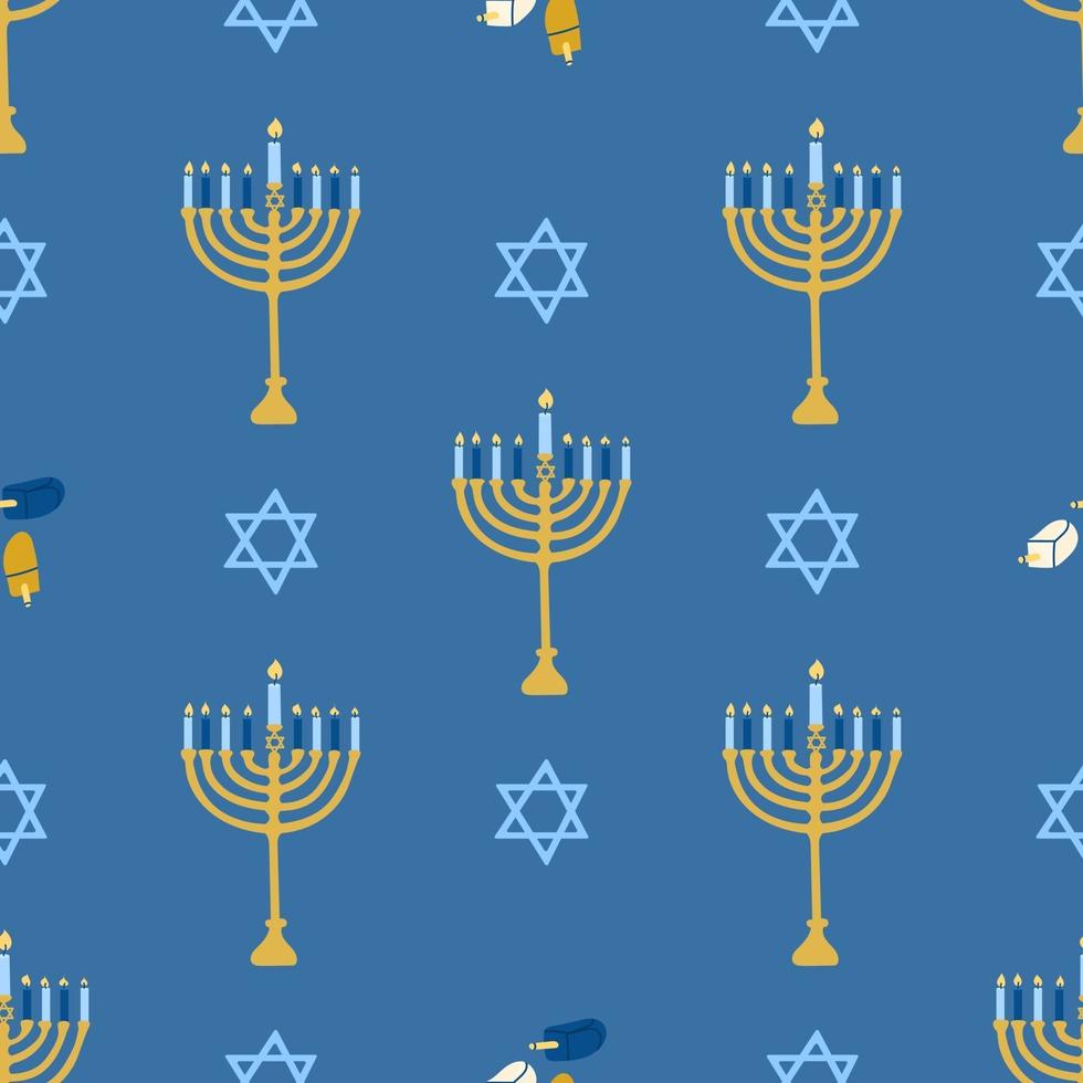 feliz hanukkah, o festival judaico das luzes. castiçal menorá com velas acesas. padrão sem emenda de vetor em um fundo azul, papel de parede