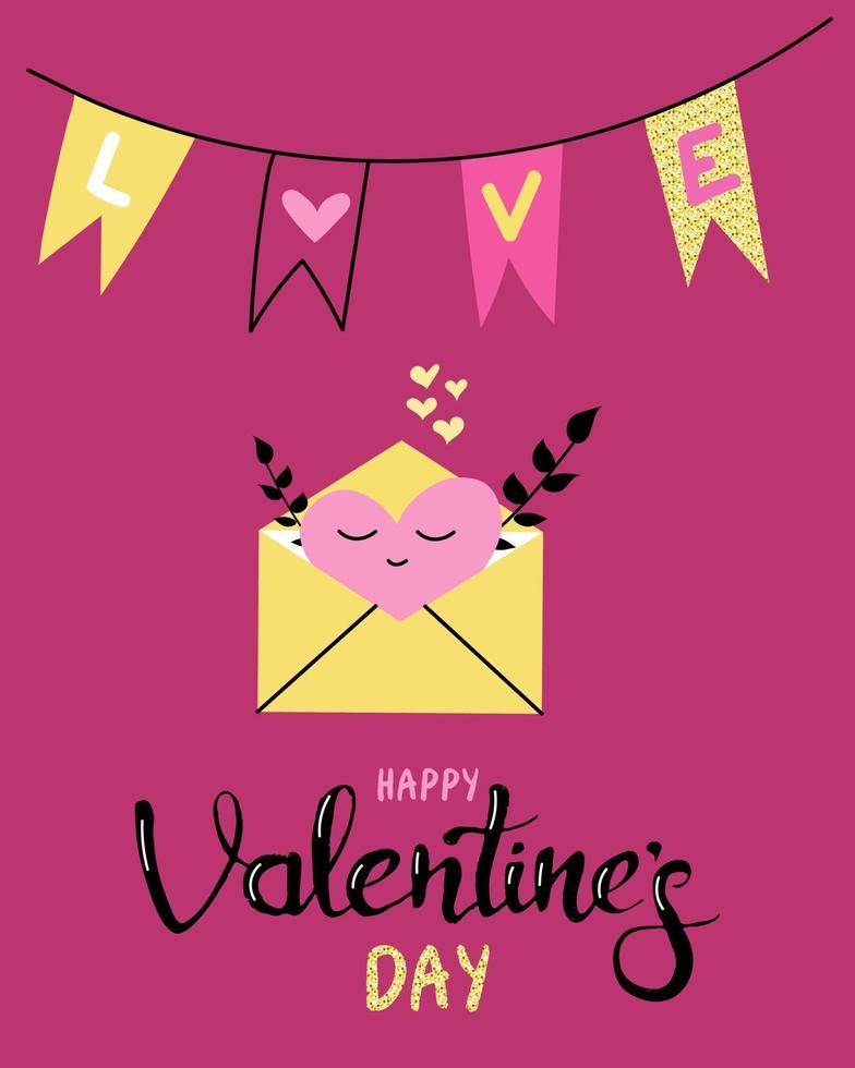 parabéns pelo dia dos namorados. envelope com um coração em um fundo rosa. cartão, cartaz, folheto. imagem plana do vetor