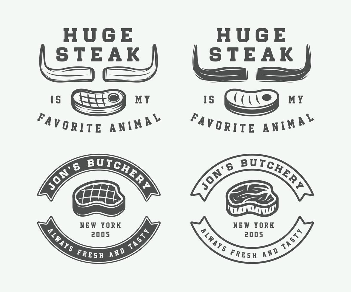 conjunto de logotipos de carne de açougue vintage, bife ou churrasco, emblemas, crachás, rótulos. arte gráfica monocromática. ilustração vetorial. vetor