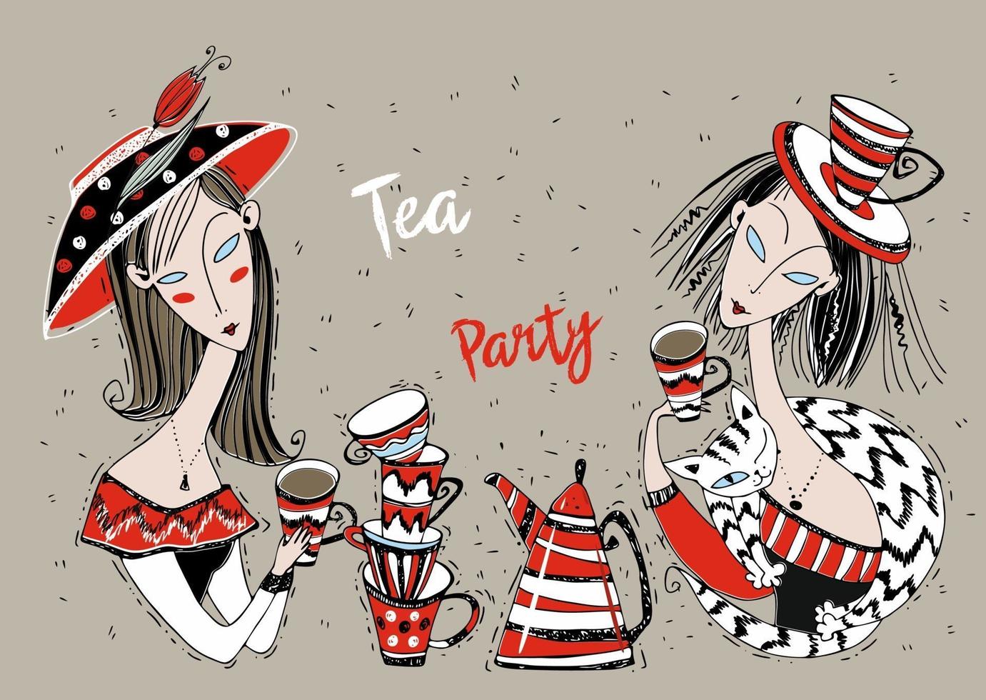 festa do Chá. amigos de meninas bebem chá. estilo art nouveau. vetor
