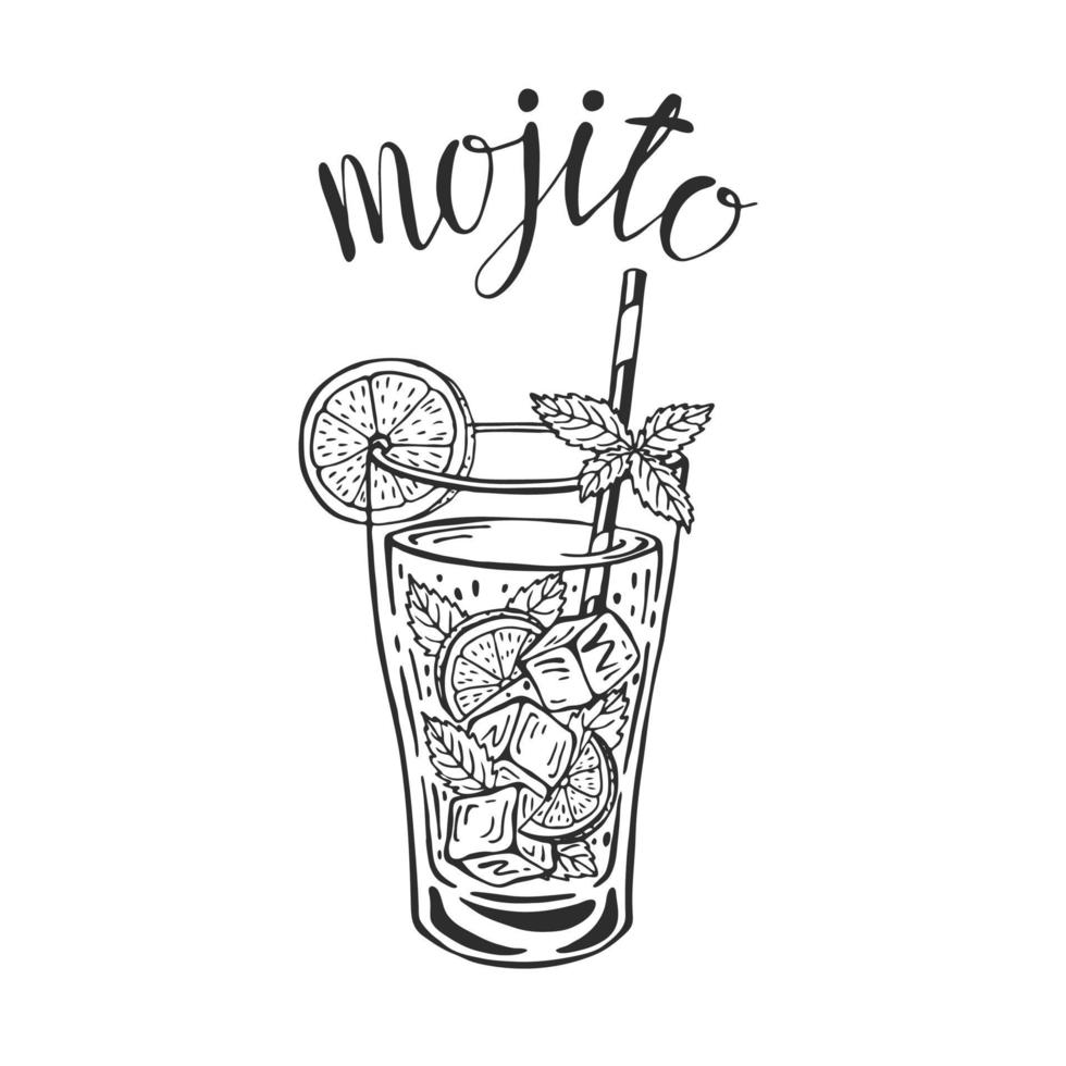 mojito clássico coquetel mão desenhada ilustração vetorial. copo de limonada com gelo e uma rodela de limão e um canudo e folhas de hortelã, para cartões de coquetel. letras de mojito caseiro, ilustração isolada vetor