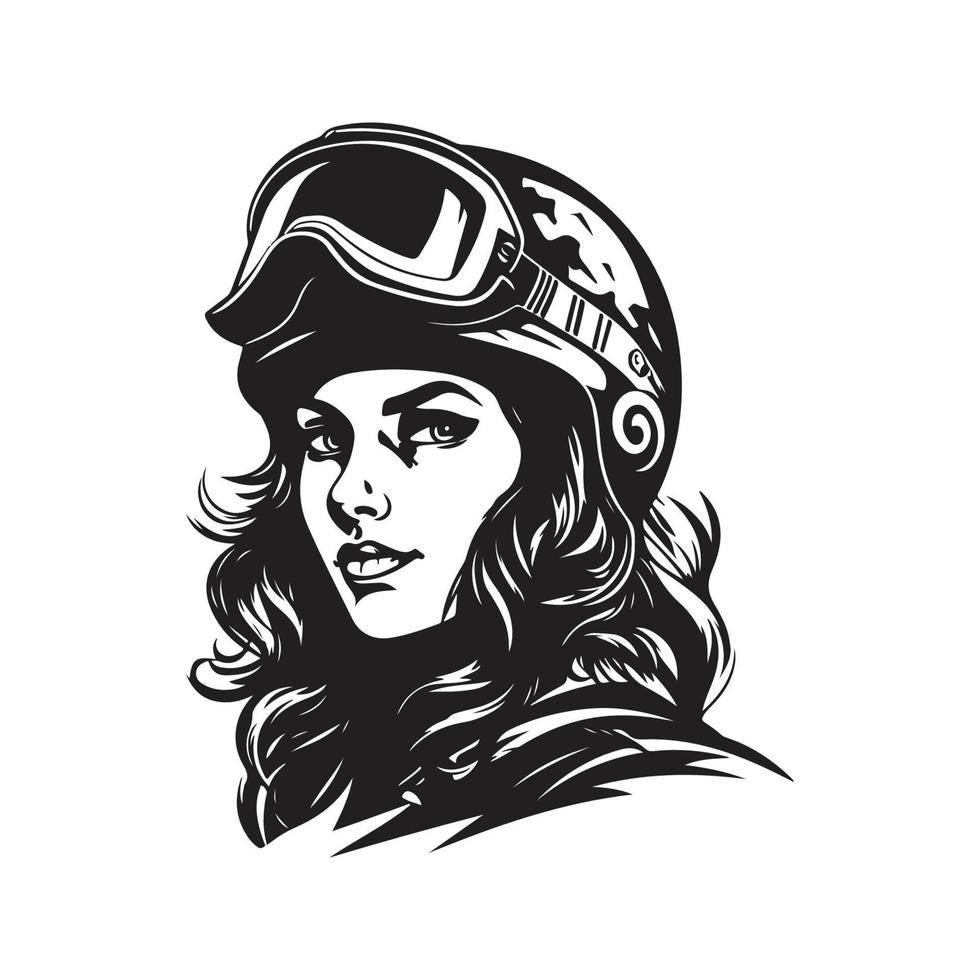 fêmea motociclista, logotipo conceito Preto e branco cor, mão desenhado ilustração vetor
