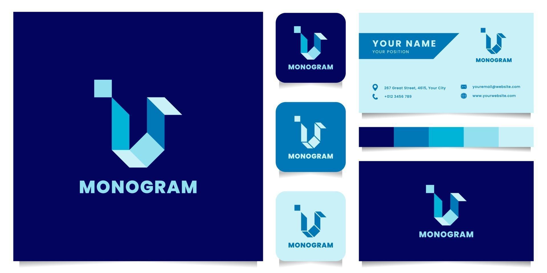 Logotipo da letra v isométrico azul simples e minimalista com modelo de cartão de visita vetor