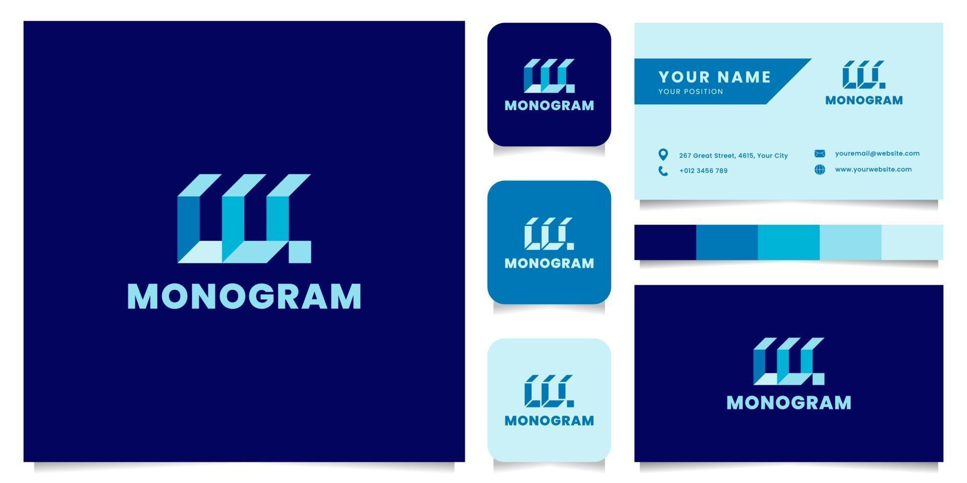 Logotipo da letra w isométrica azul simples e minimalista com modelo de cartão de visita vetor
