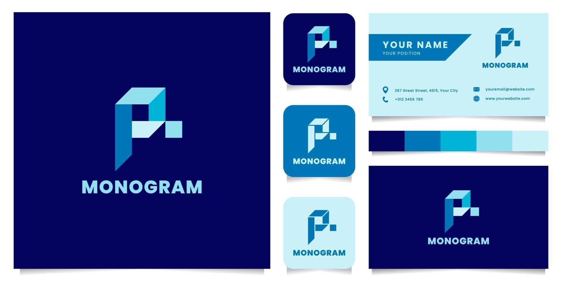 Logotipo da letra p isométrica azul simples e minimalista com modelo de cartão de visita vetor