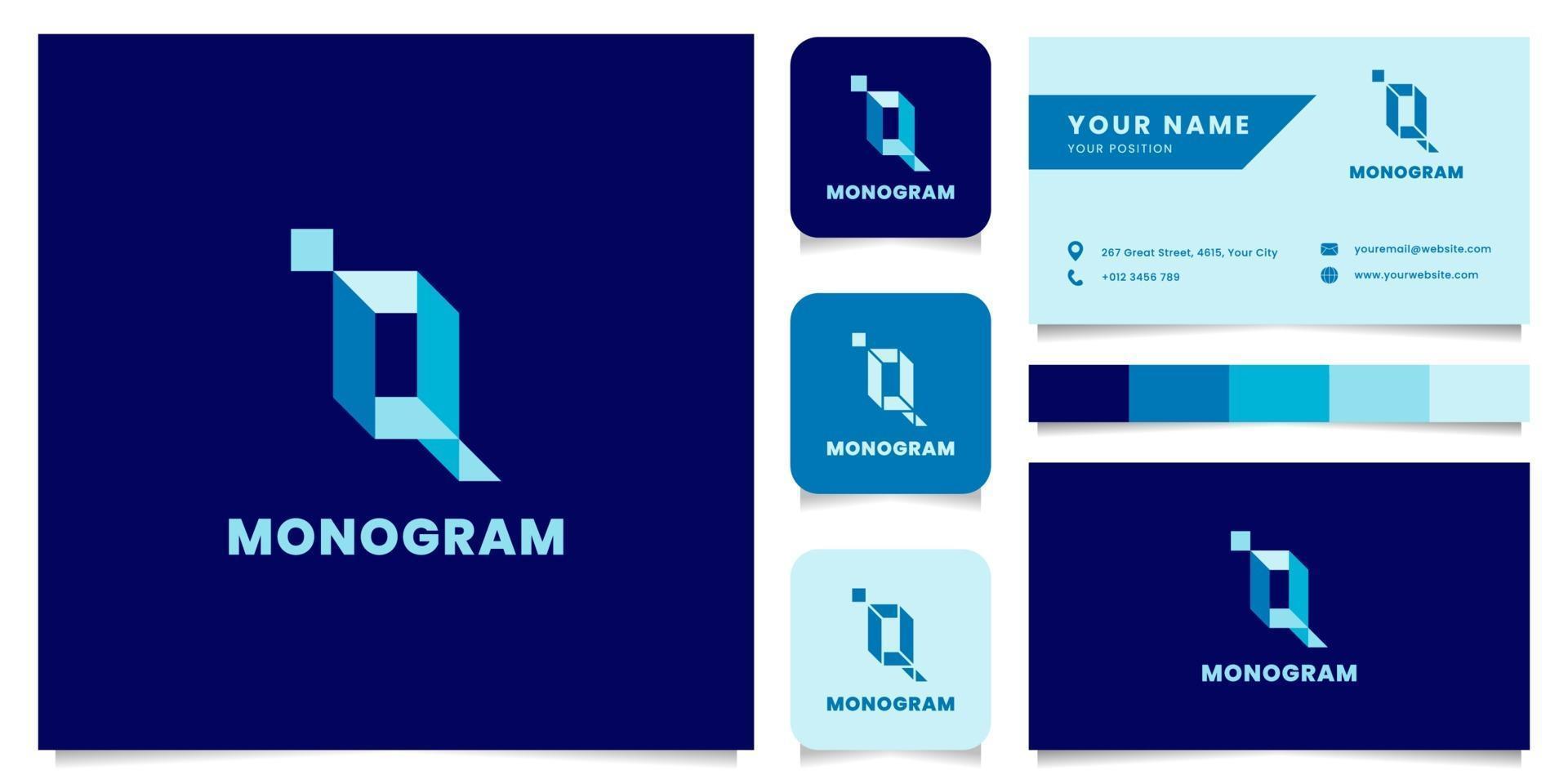 Logotipo da letra q isométrica azul simples e minimalista com modelo de cartão de visita vetor