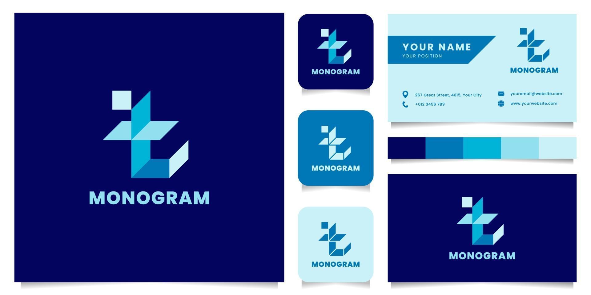 Logotipo da letra t isométrica azul simples e minimalista com modelo de cartão de visita vetor