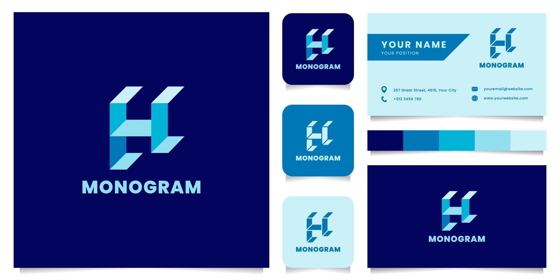 Logotipo da letra h isométrica azul simples e minimalista com modelo de cartão de visita vetor