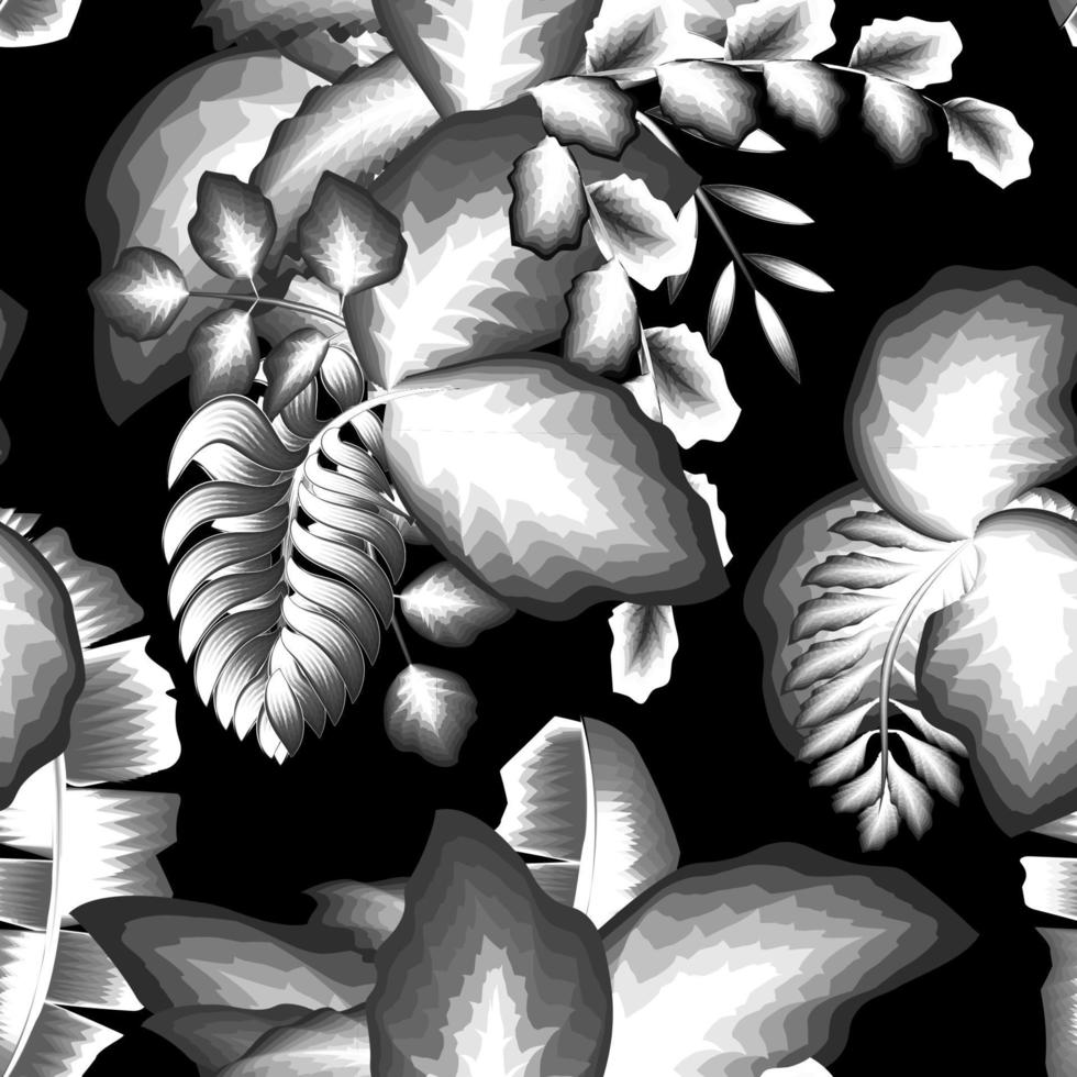 noite exótico selva com monocromático tropical plantas folhas desatado tecido camiseta. vintage papel de parede Preto fundo. tropical fundo. exótico natureza papel de parede. selva folhagem ilustração. vetor