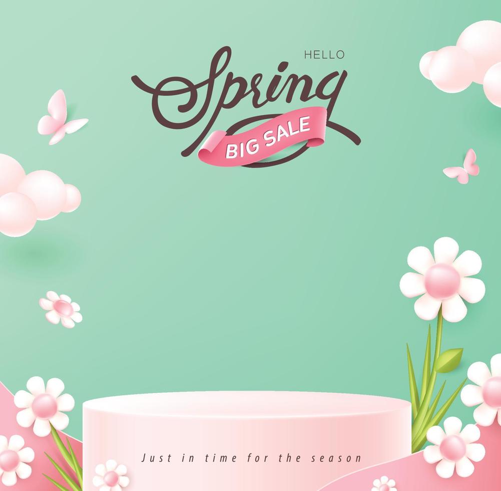 Primavera venda cabeçalho ou bandeira Projeto promoção disposição com fresco flor flores e borboleta elementos produtos exibição cilíndrico forma vetor