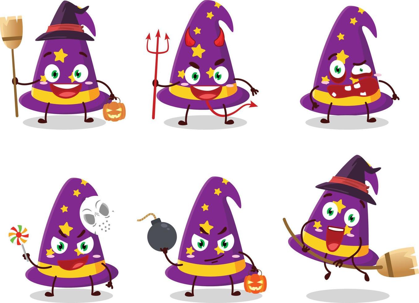 dia das Bruxas expressão emoticons com desenho animado personagem do Mago chapéu vetor