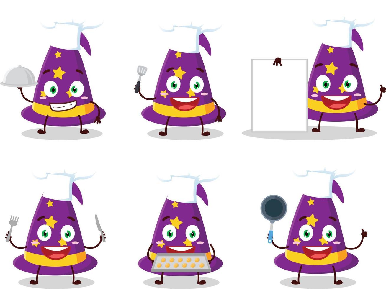 desenho animado personagem do Mago chapéu com vários chefe de cozinha emoticons vetor