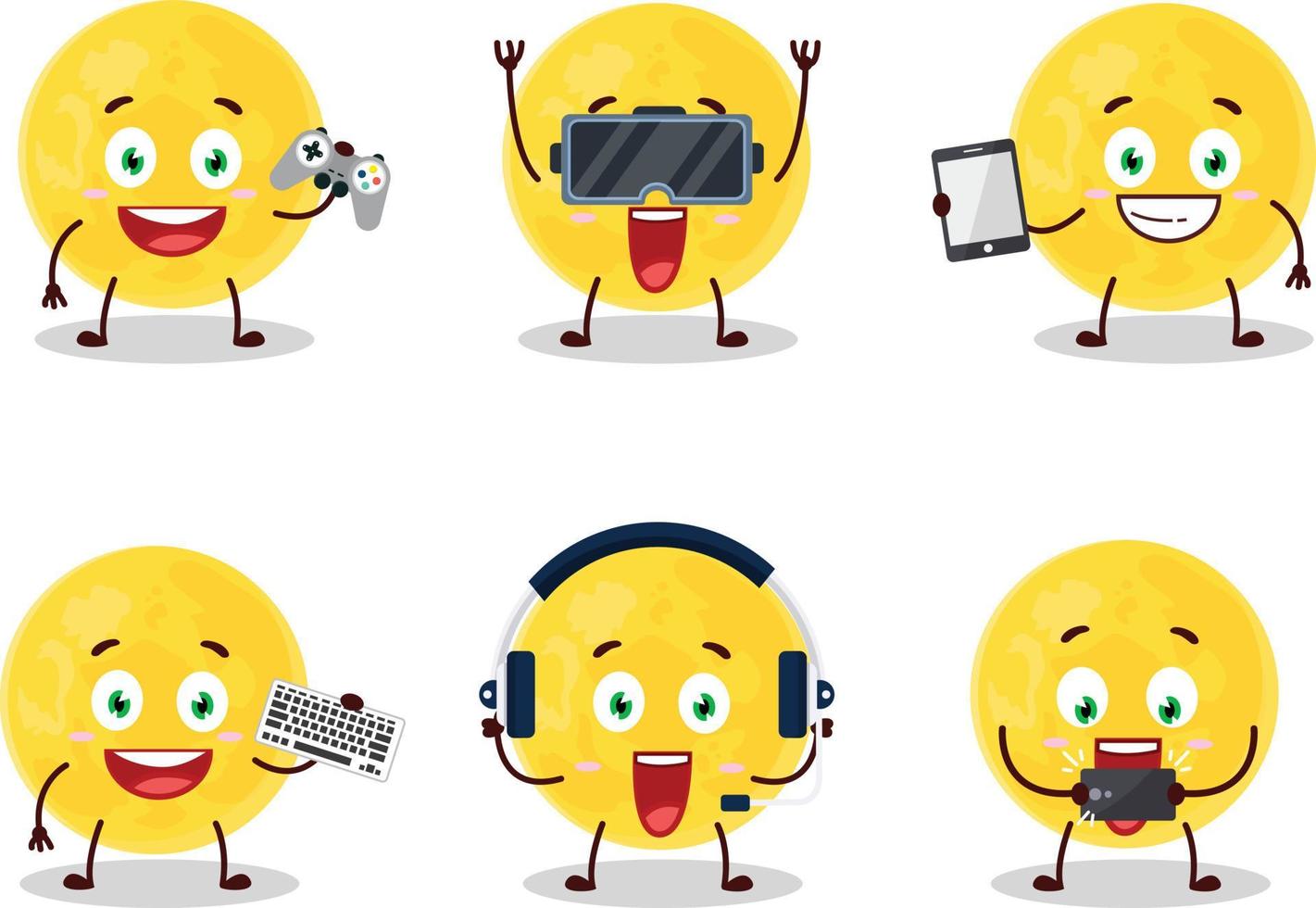 amarelo lua desenho animado personagem estão jogando jogos com vários fofa emoticons vetor