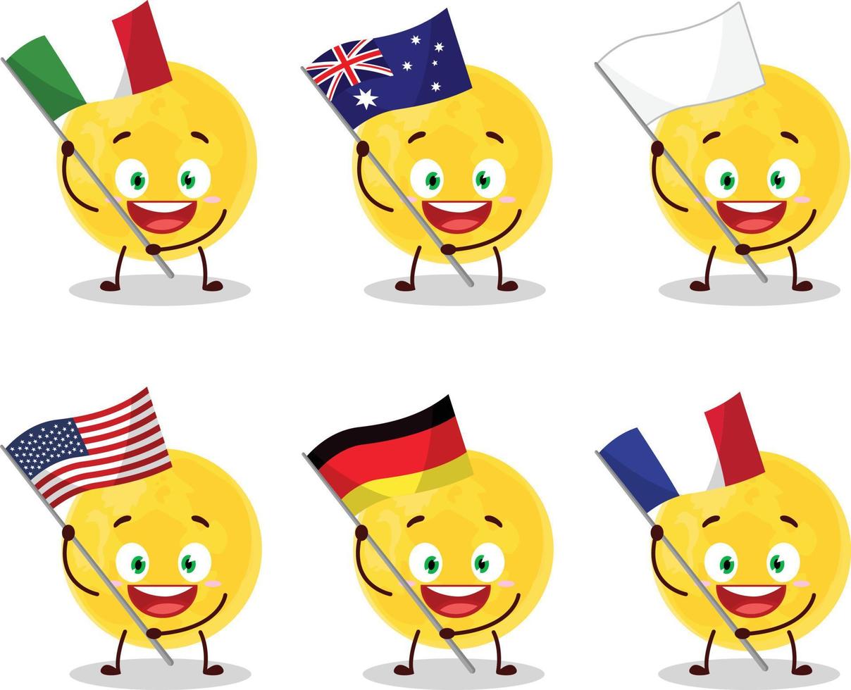 amarelo lua desenho animado personagem trazer a bandeiras do vários países vetor