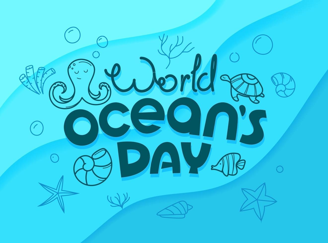 conceito de vetor do dia dos oceanos do mundo. logotipo do vetor doodle