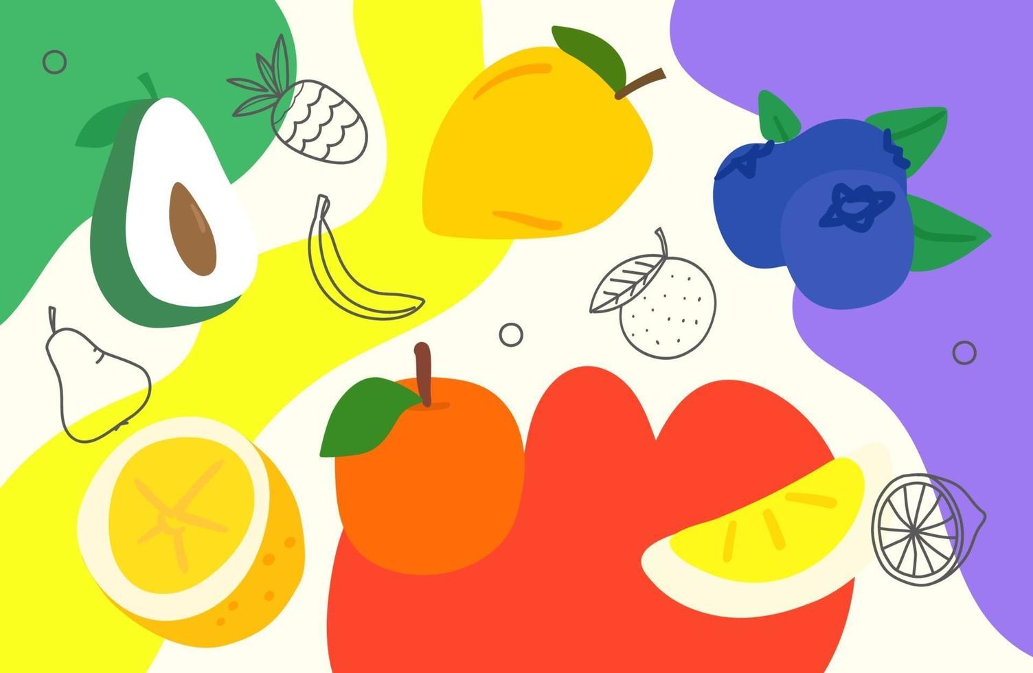 papel de parede artístico do doodle criativo com frutas. fundo abstrato com formas geométricas de cor mão desenhada. ilustração de estilo esboçado vetor