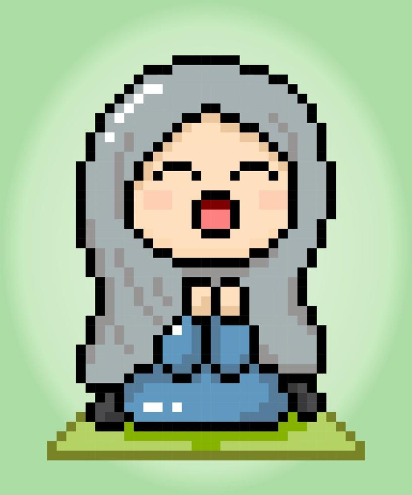 8 mordeu do uma fêmea pixel personagem. muçulmano mulheres desenhos animados Rezar dentro vetor ilustrações para jogos ativos ou Cruz costura padrões.