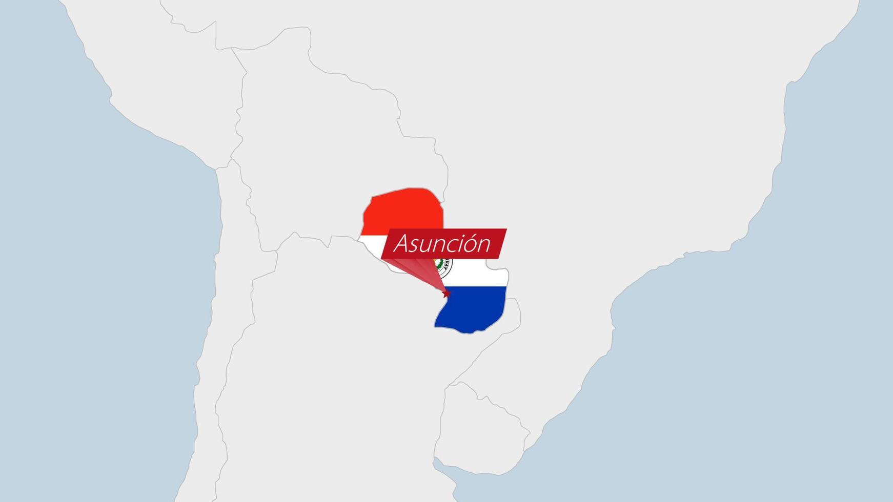 Paraguai mapa em destaque dentro Paraguai bandeira cores e PIN do país capital assunção. vetor