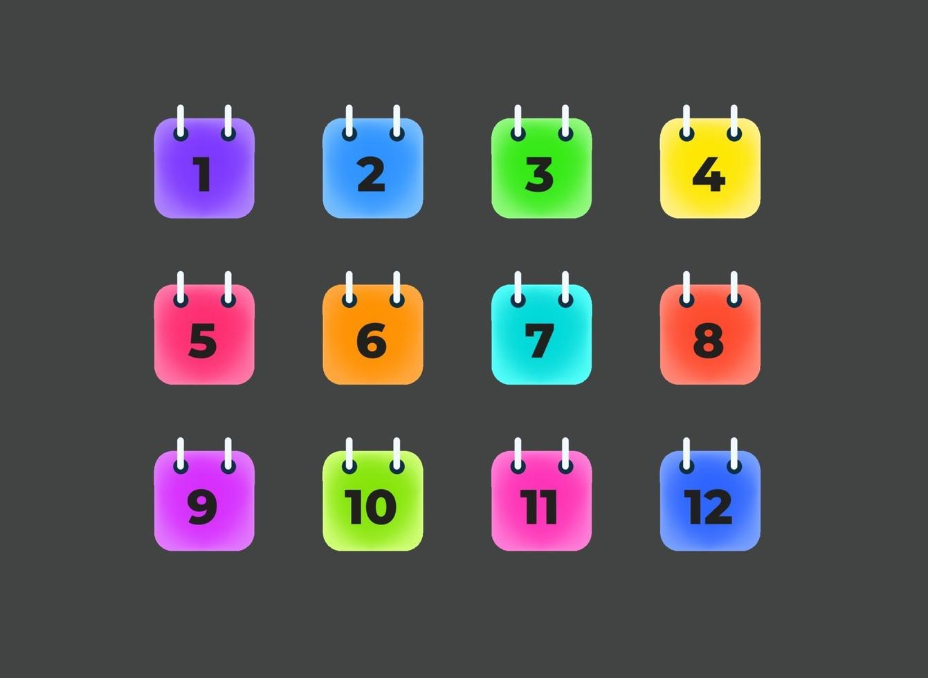 folhas de calendário coloridas com dígitos. modelo de balas de vetor informativo. 12 meses