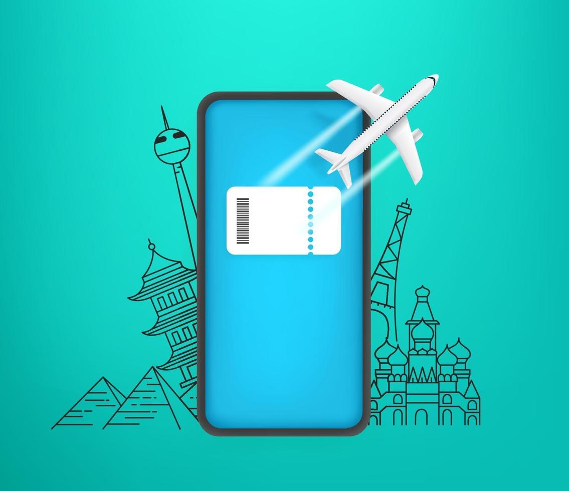 reserva de e-ticket no conceito de smartphone. smartphone moderno com ingresso na tela e vistas do mundo no fundo vetor