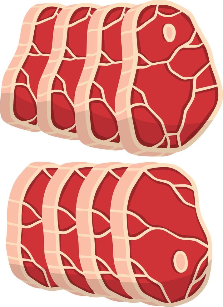 pedaço de carne crua. superfície frita marrom. ilustração plana dos desenhos animados. corte metade da carne. elemento de cozinha, churrasqueira, churrasco, bife e deliciosa refeição. conjunto de comida vermelha fresca com listras e gordura vetor