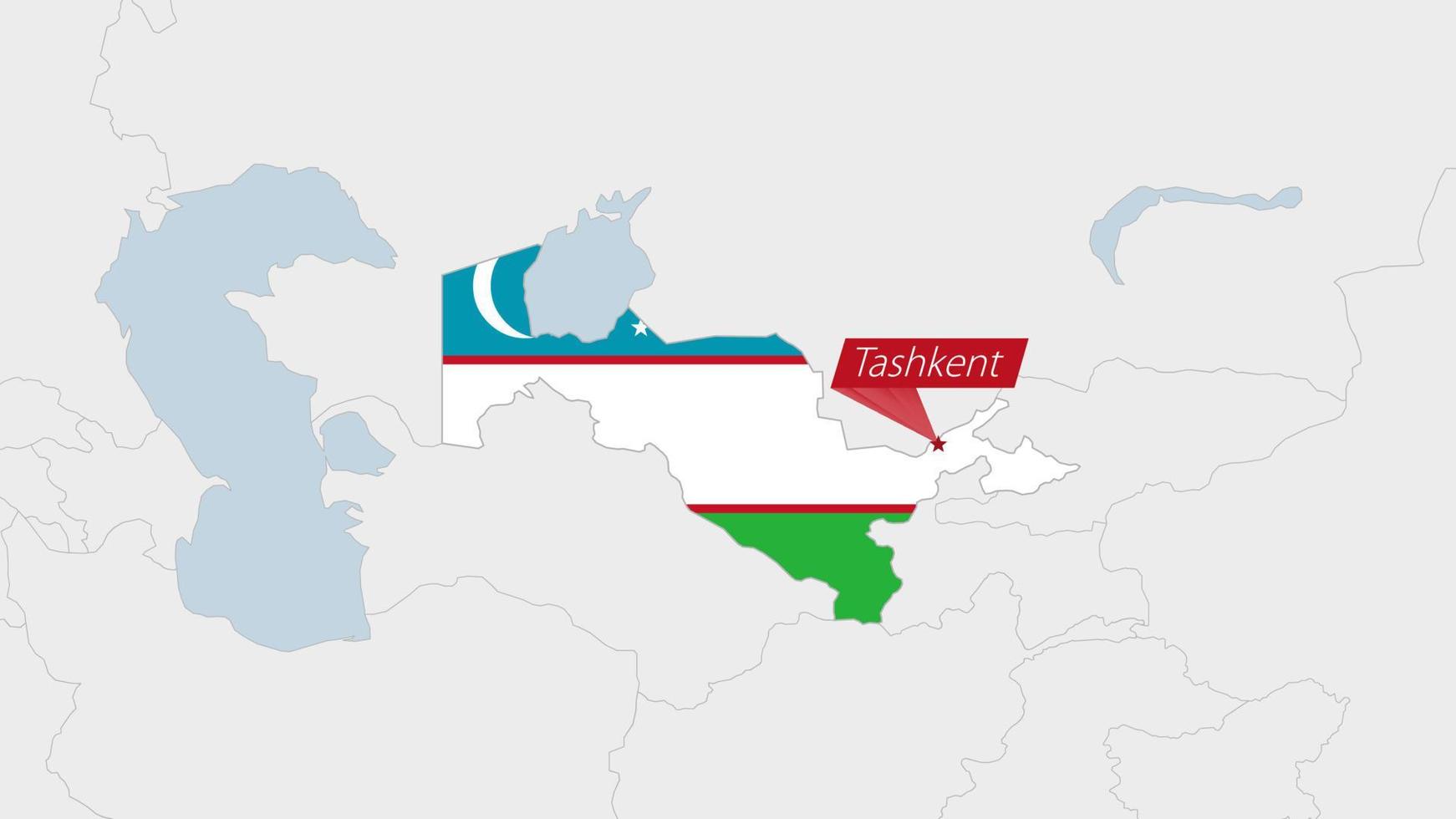 uzbequistão mapa em destaque dentro uzbequistão bandeira cores e PIN do país capital tashkent. vetor