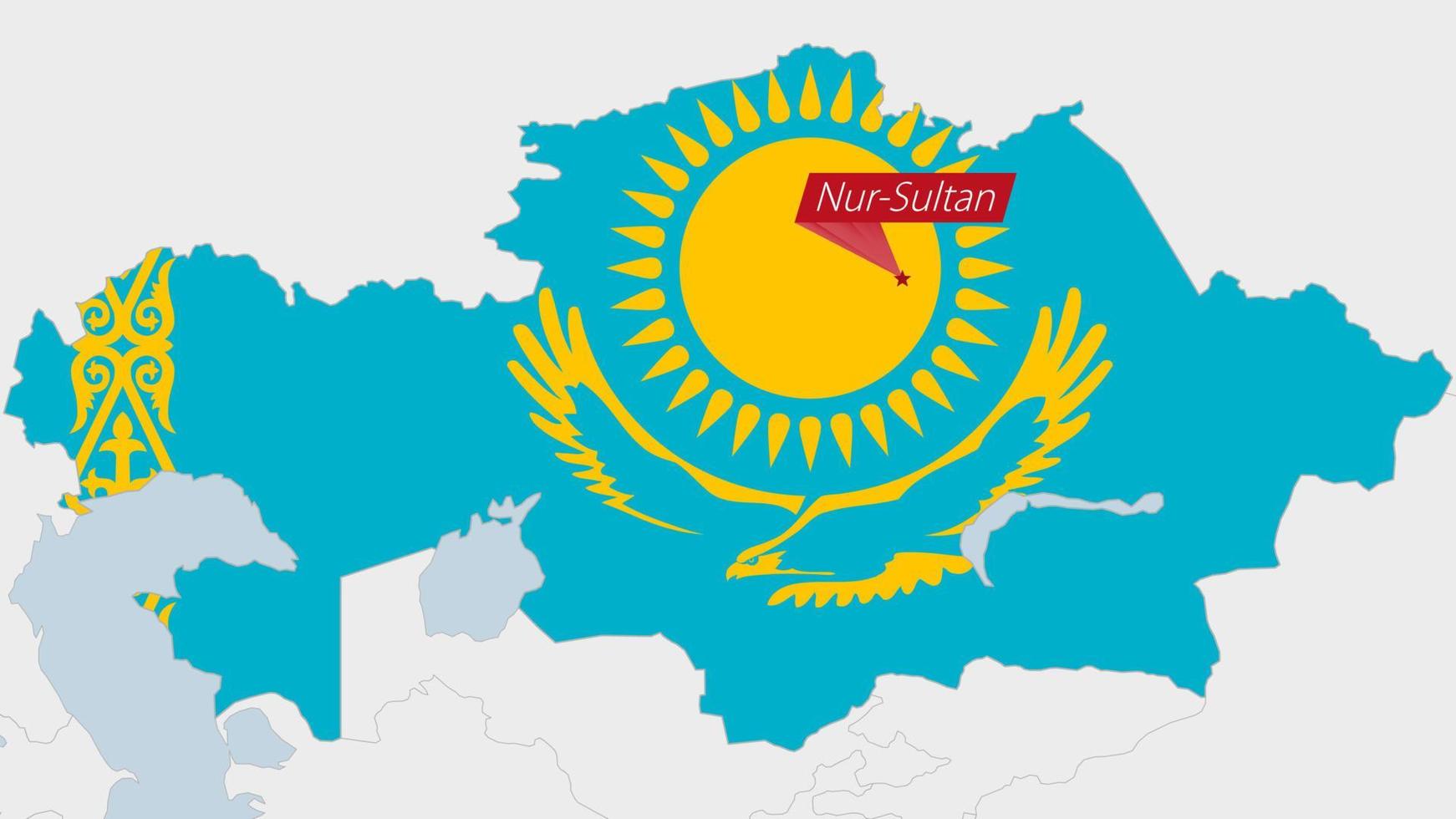 Cazaquistão mapa em destaque dentro Cazaquistão bandeira cores e PIN do país capital nur-sultan. vetor