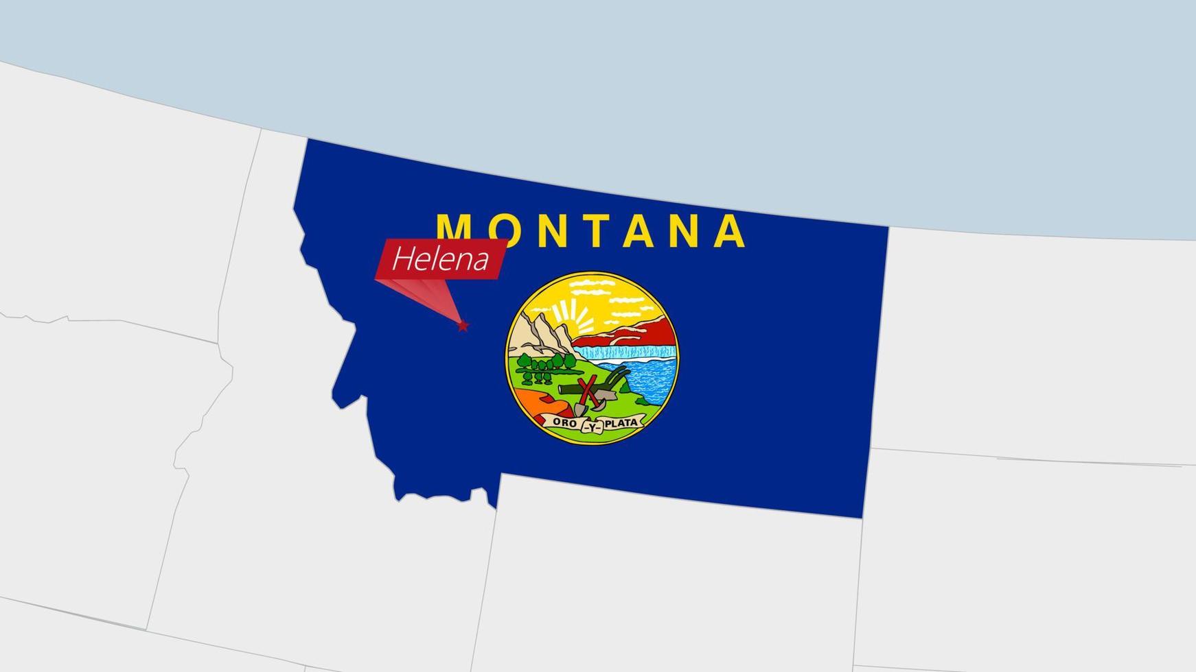 nos Estado montana mapa em destaque dentro montana bandeira cores e PIN do país capital helena. vetor