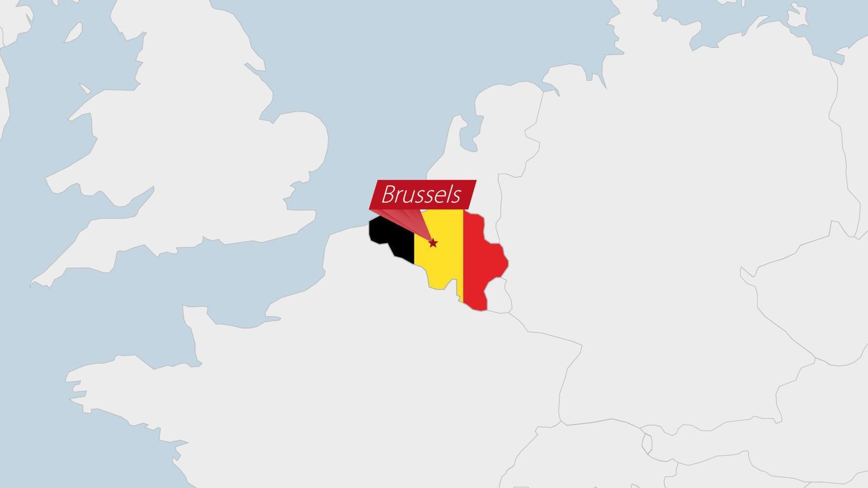Bélgica mapa em destaque dentro Bélgica bandeira cores e PIN do país capital Bruxelas. vetor