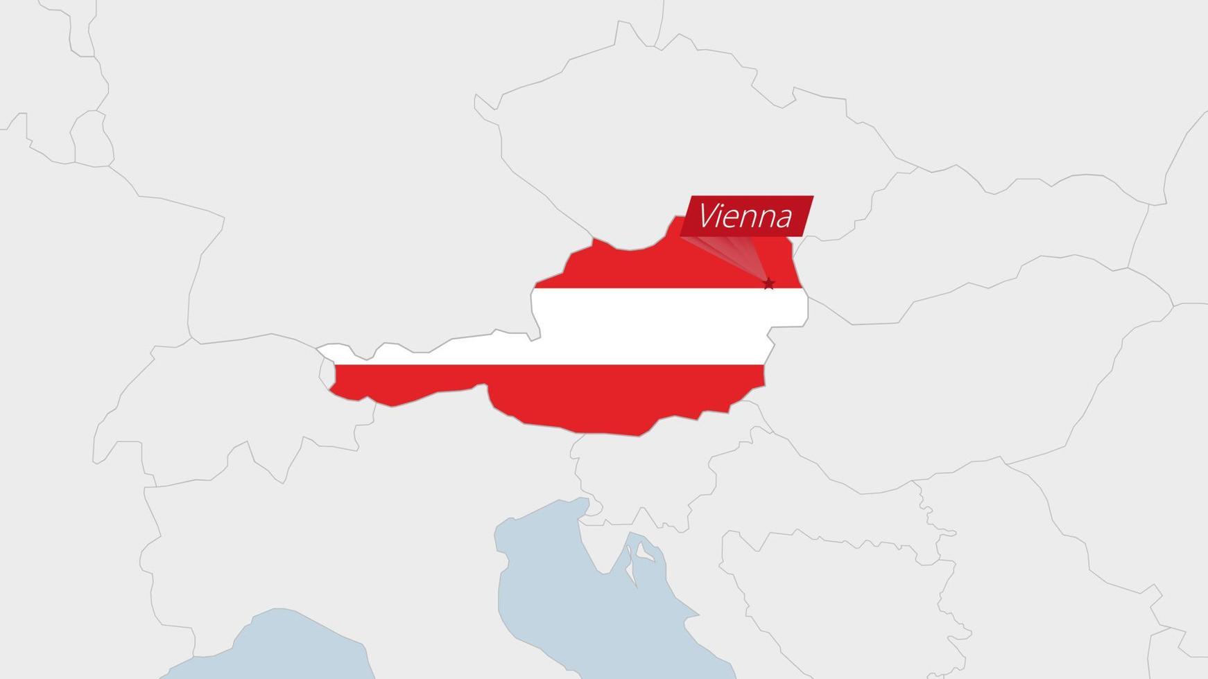 Áustria mapa em destaque dentro Áustria bandeira cores e PIN do país capital viena. vetor